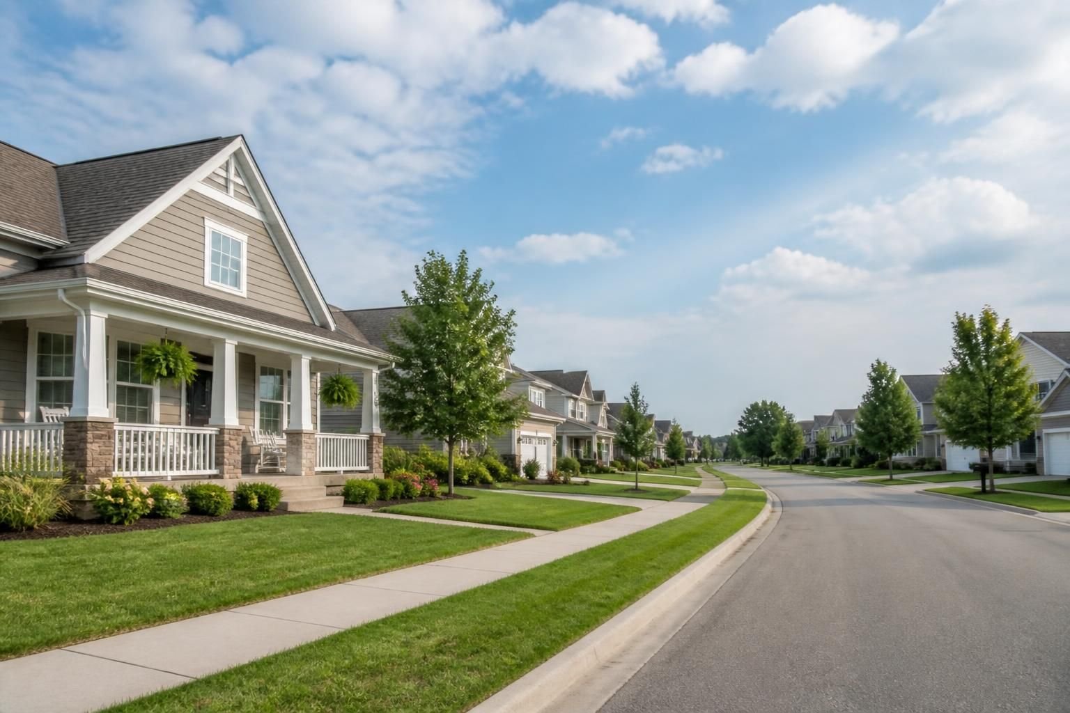 Calm Cottage Grove street with tidy homes and open sky.
