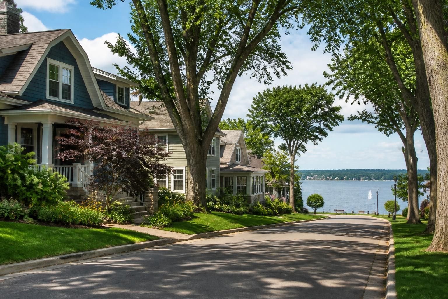 Peaceful Monona neighborhood with homes and mature trees.