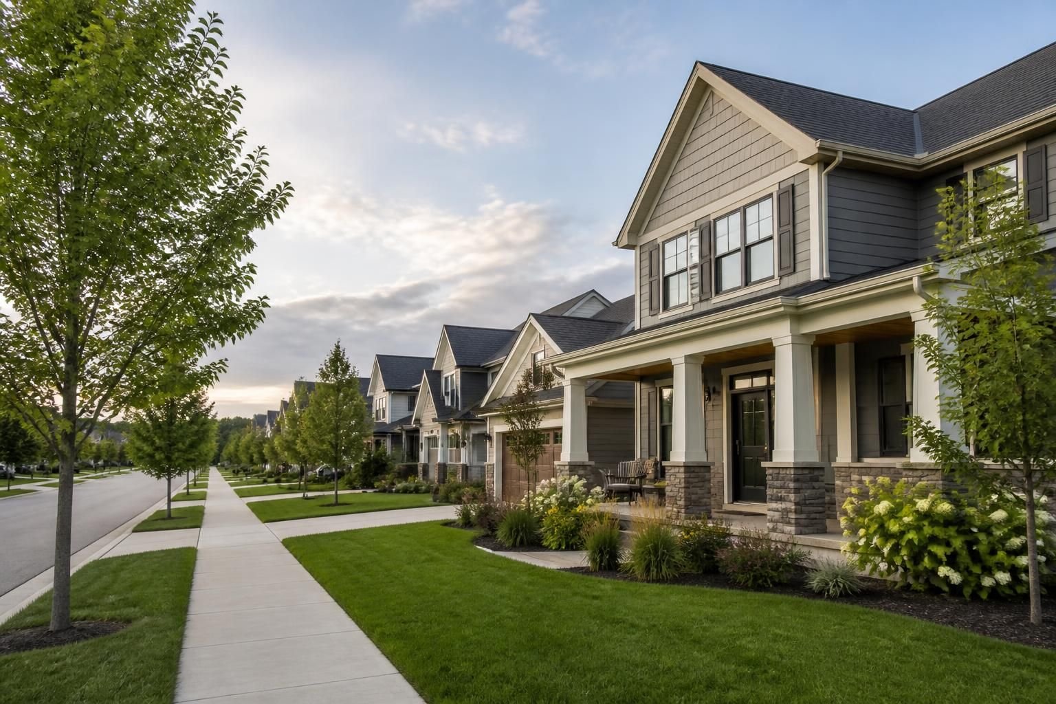 Modern Verona neighborhood with green yards and homes.