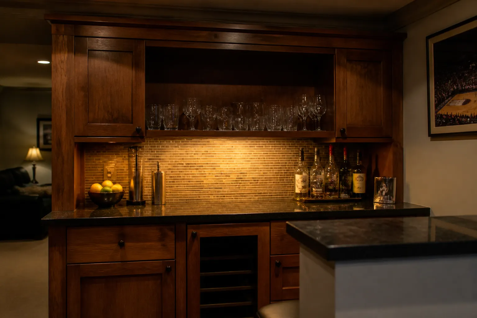 custom bar cabinets with glassware in a Madison home